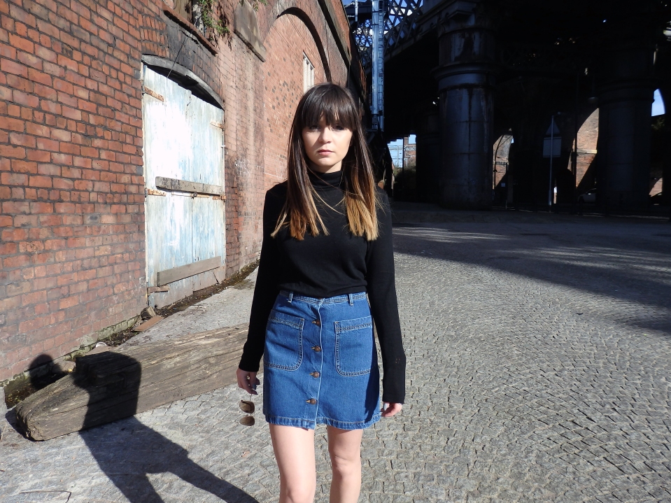 Denim skirt, polo neck and lace up flats on The Monochromes